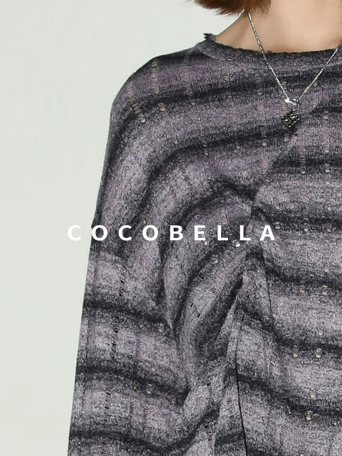 COCOBELLA Frayed Jacquard Loose Fit Streetwear Striped Long Sleeve Crewneck Shirts