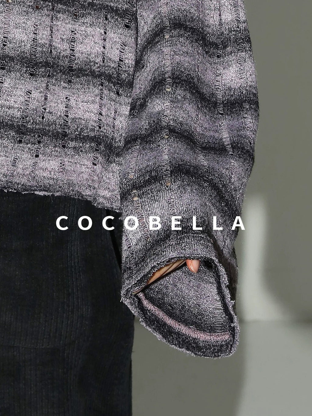 COCOBELLA Frayed Jacquard Loose Fit Streetwear Striped Long Sleeve Crewneck Shirts