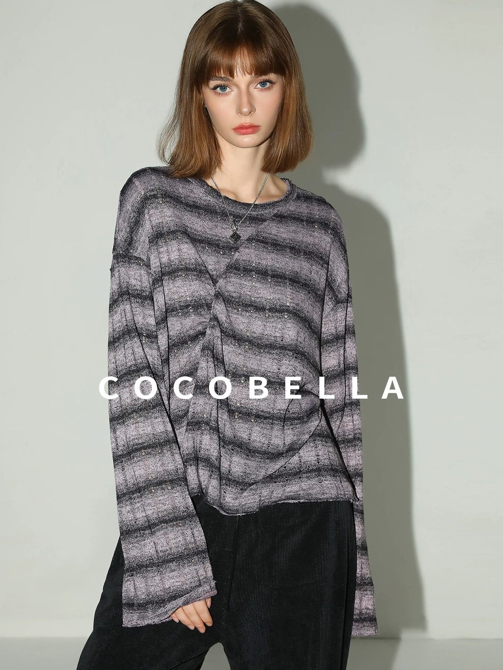 COCOBELLA Frayed Jacquard Loose Fit Streetwear Striped Long Sleeve Crewneck Shirts