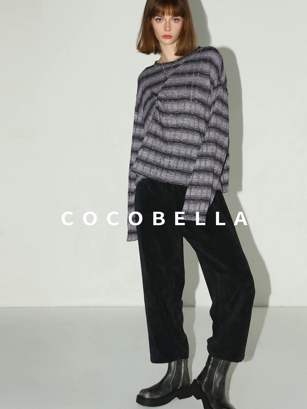COCOBELLA Frayed Jacquard Loose Fit Streetwear Striped Long Sleeve Crewneck Shirts