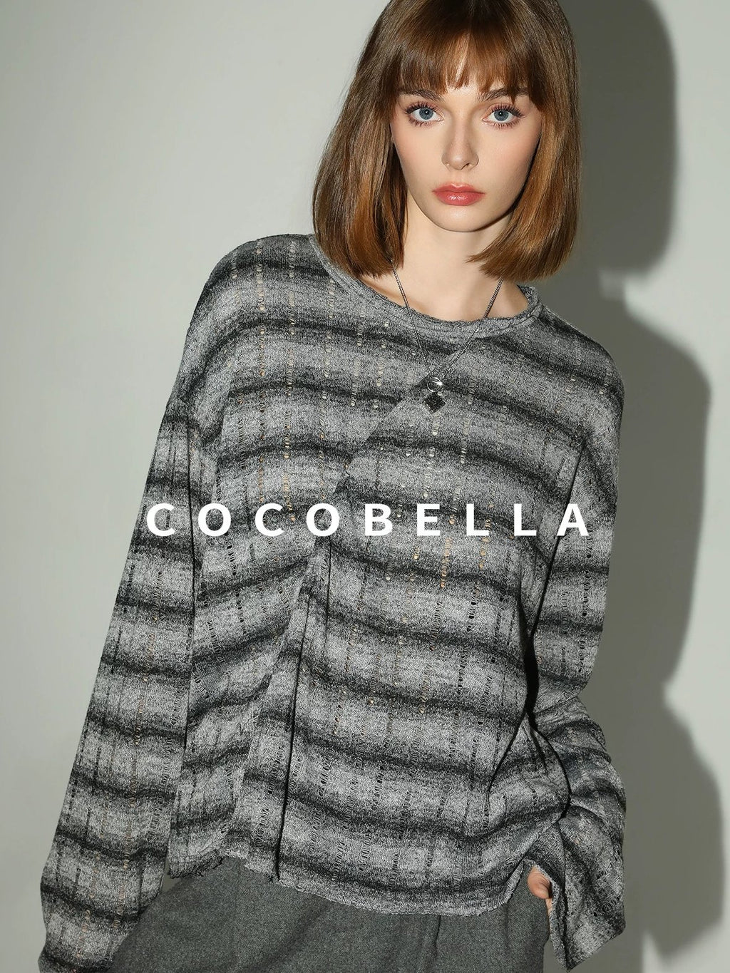 COCOBELLA Frayed Jacquard Loose Fit Streetwear Striped Long Sleeve Crewneck Shirts