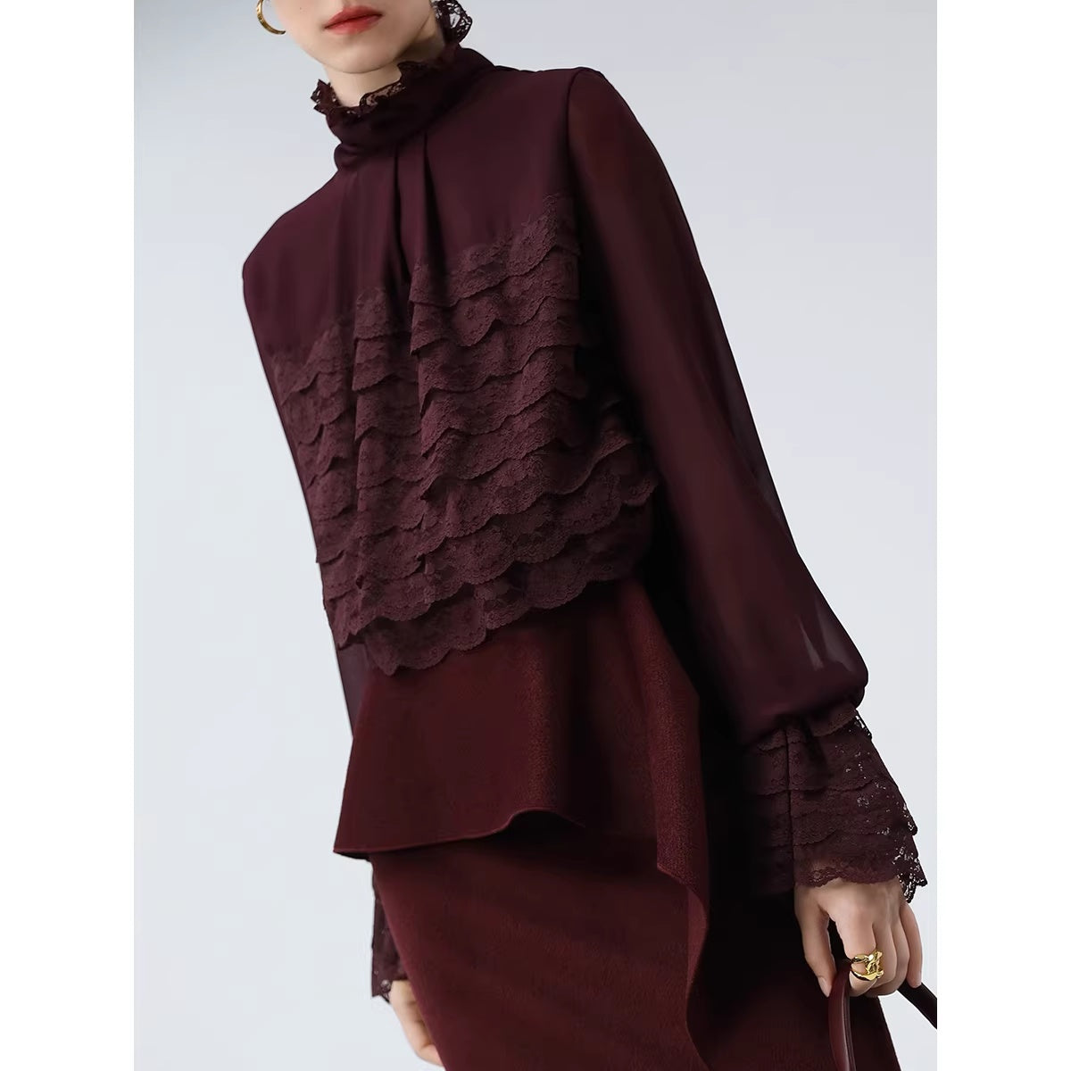 COCOBELLA_French_Lace_Patchwork_Straight_Fit_Stand_Collar_Long_Sleeve_Women_T-Shirts_MISSTT