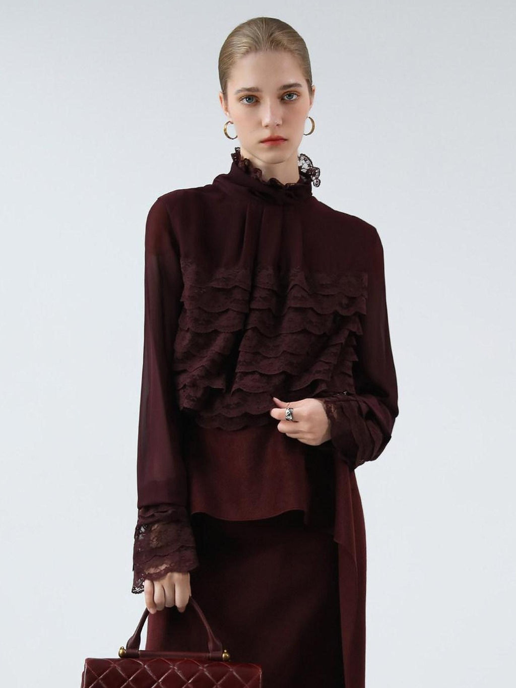 COCOBELLA French Lace Patchwork Straight Fit Stand Collar Long Sleeve Women T-Shirts