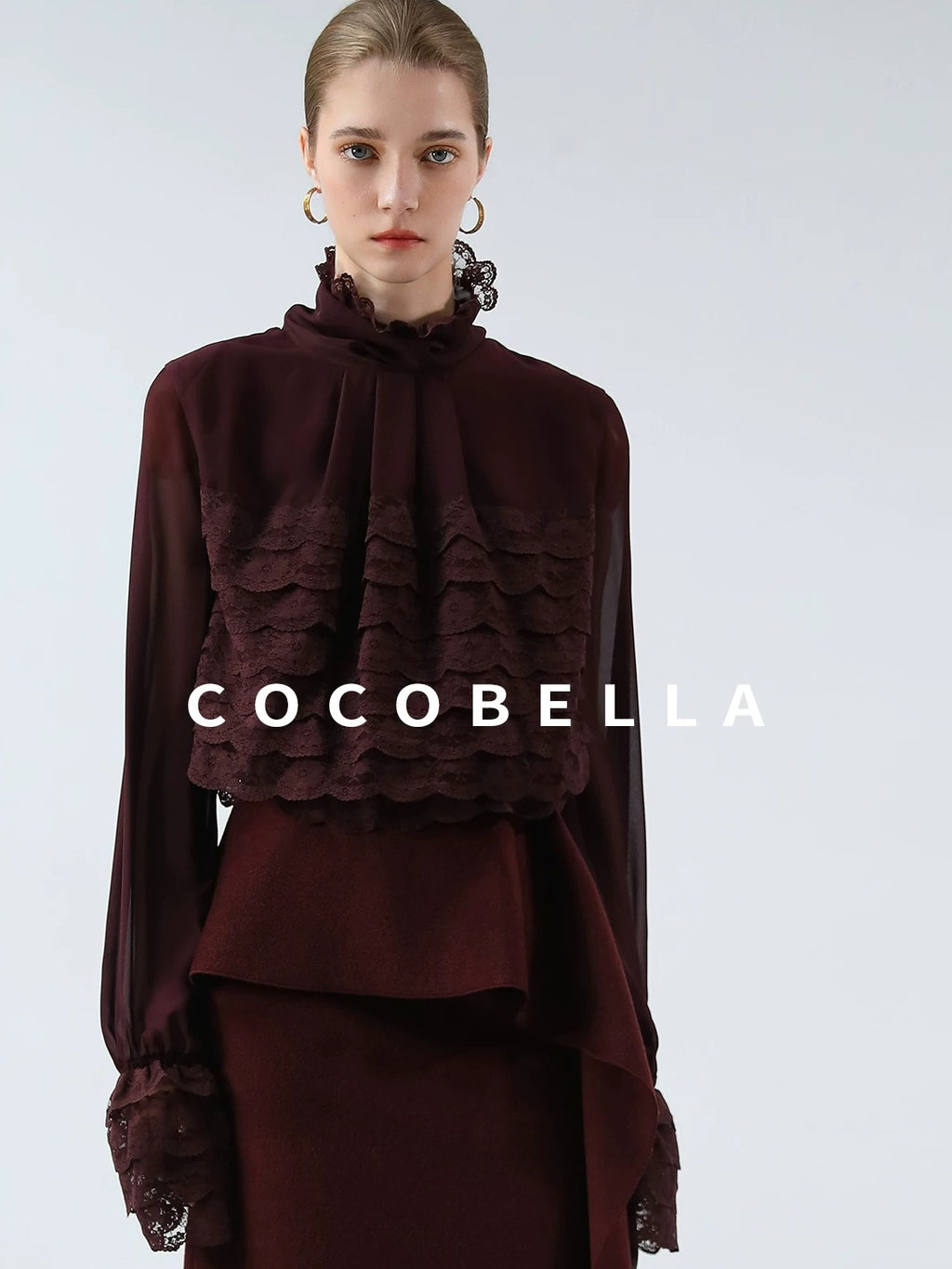 COCOBELLA French Lace Patchwork Straight Fit Stand Collar Long Sleeve Women T-Shirts