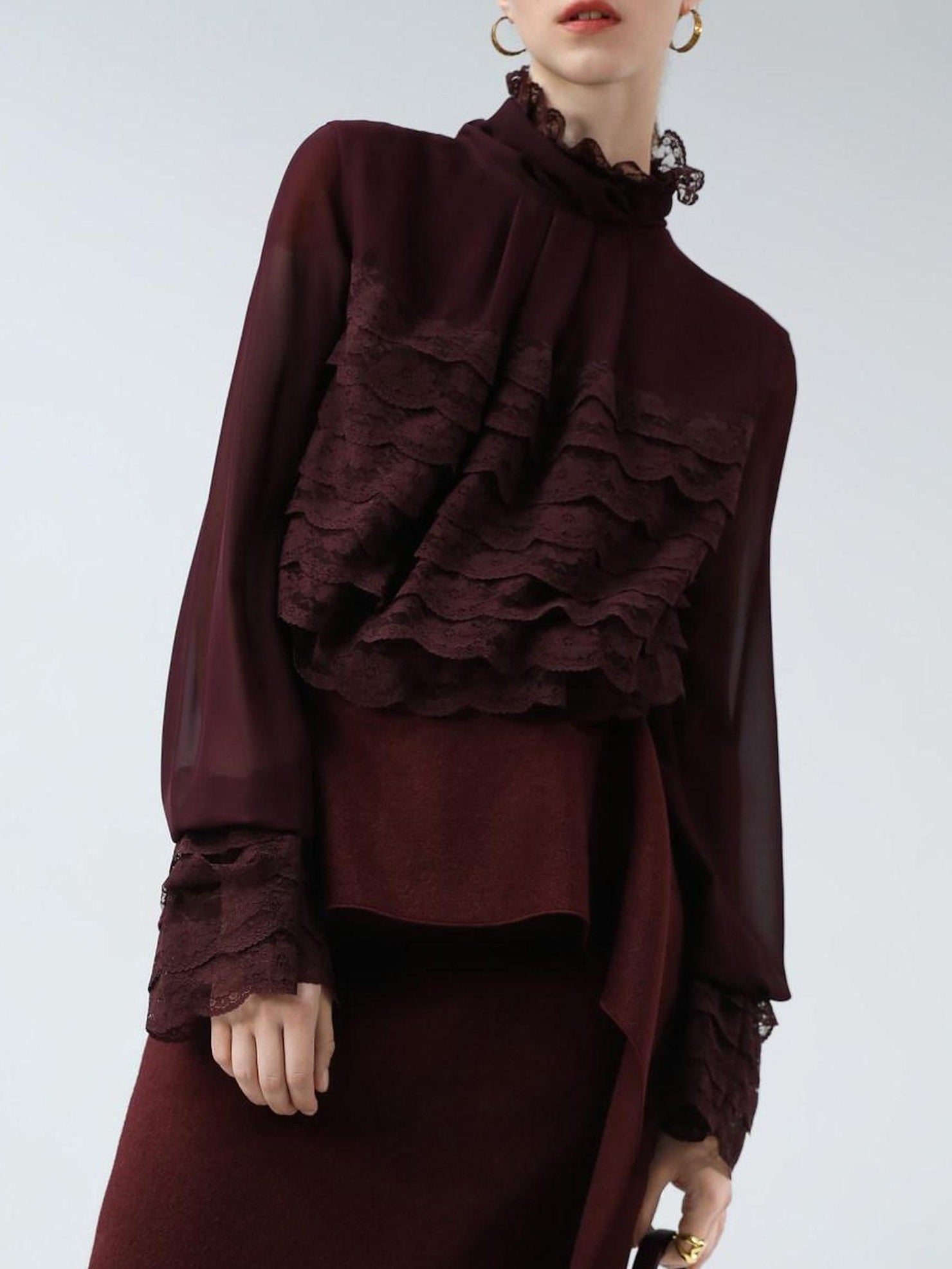 COCOBELLA French Lace Patchwork Straight Fit Stand Collar Long Sleeve Women T-Shirts