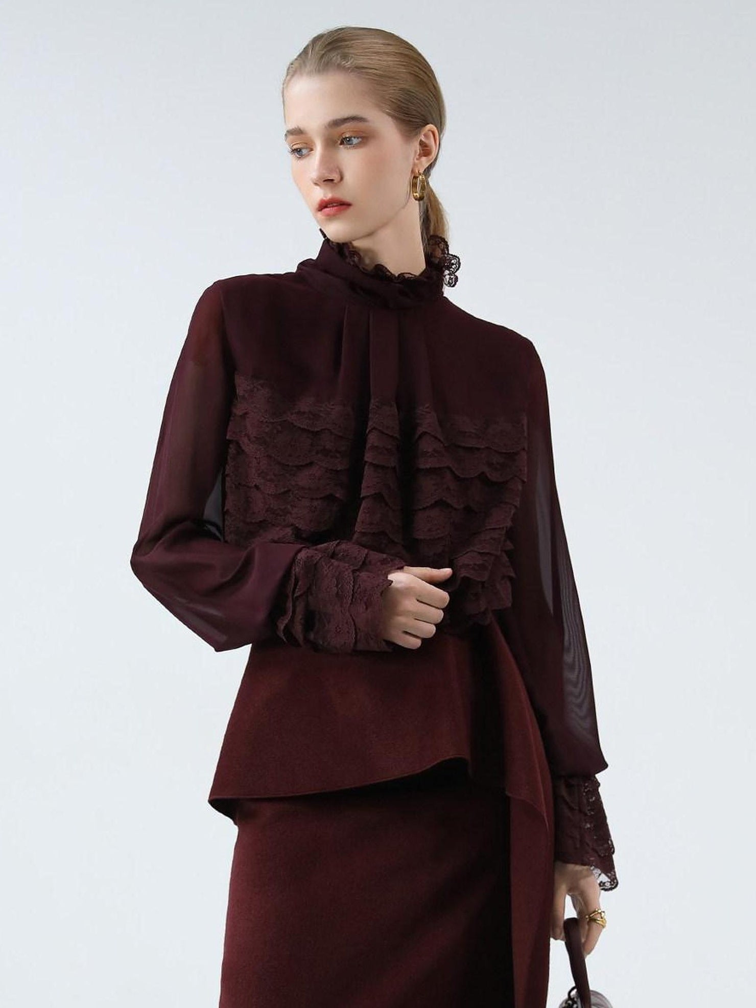 COCOBELLA French Lace Patchwork Straight Fit Stand Collar Long Sleeve Women T-Shirts