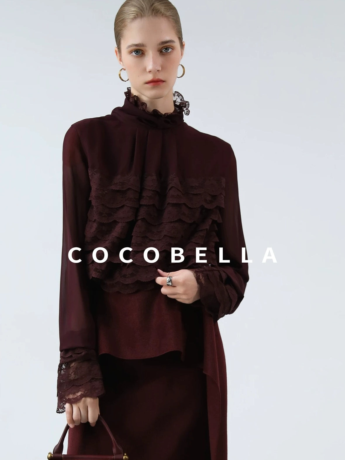 COCOBELLA French Lace Patchwork Straight Fit Stand Collar Long Sleeve Women T-Shirts