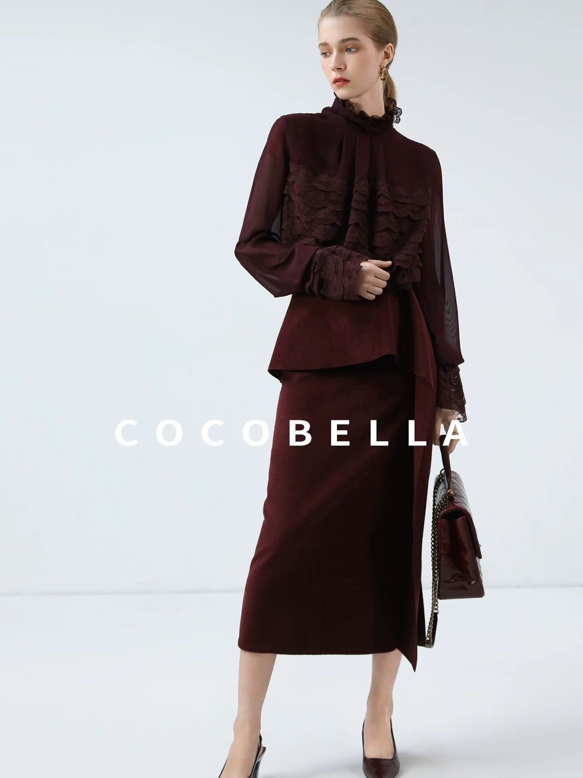 COCOBELLA French Lace Patchwork Straight Fit Stand Collar Long Sleeve Women T-Shirts