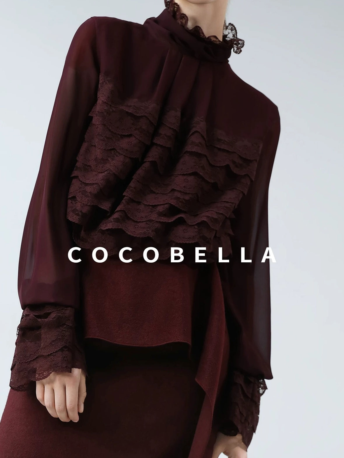 COCOBELLA French Lace Patchwork Straight Fit Stand Collar Long Sleeve Women T-Shirts