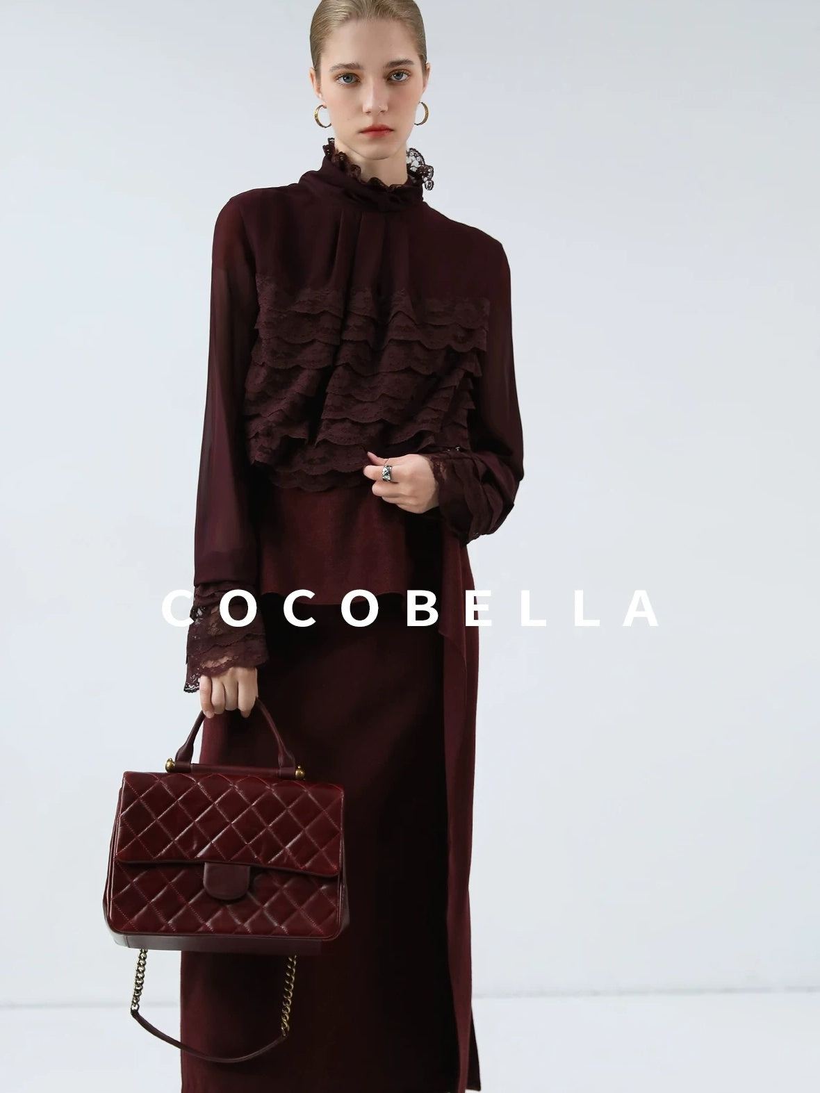 COCOBELLA French Lace Patchwork Straight Fit Stand Collar Long Sleeve Women T-Shirts