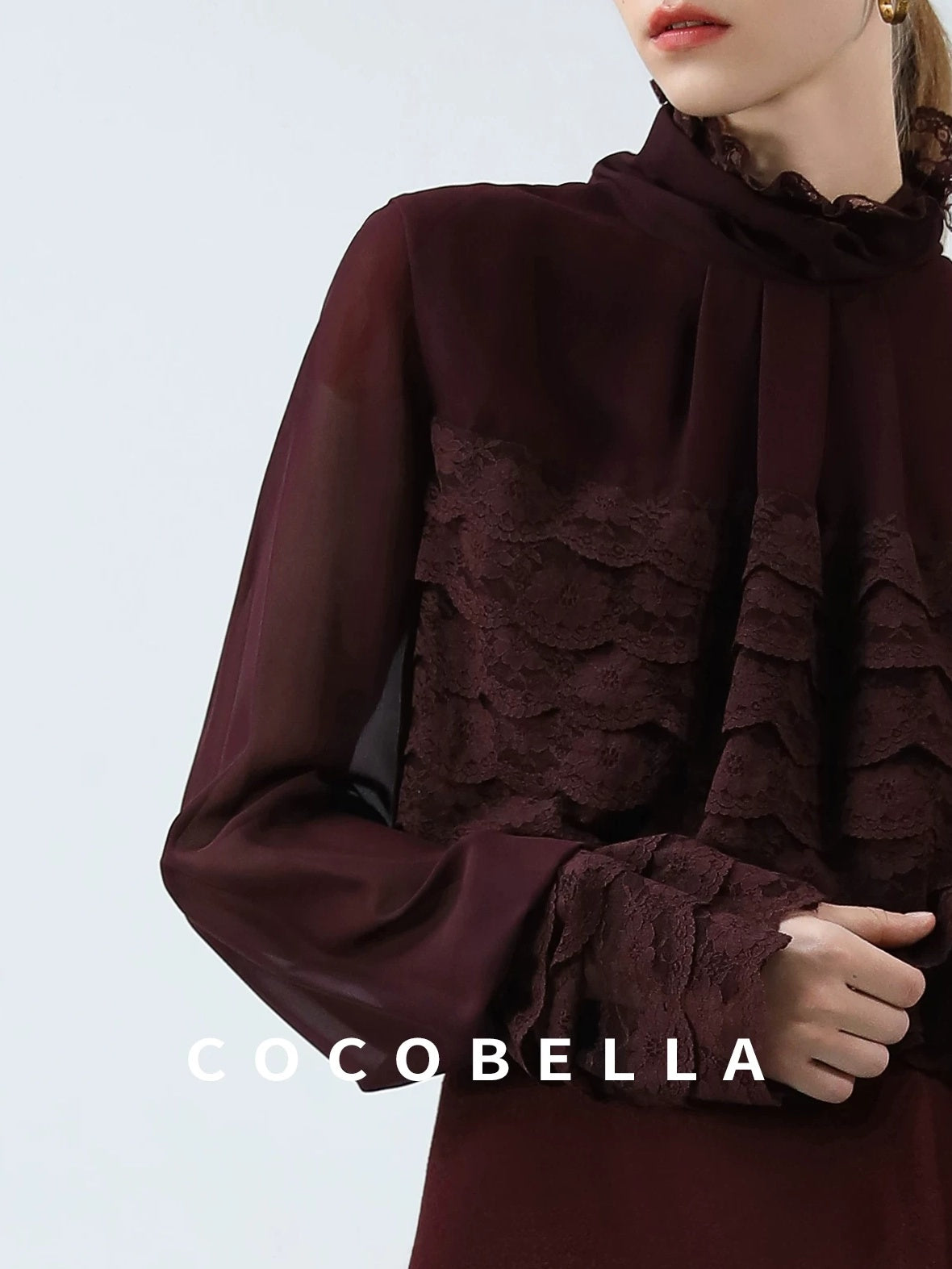 COCOBELLA French Lace Patchwork Straight Fit Stand Collar Long Sleeve Women T-Shirts