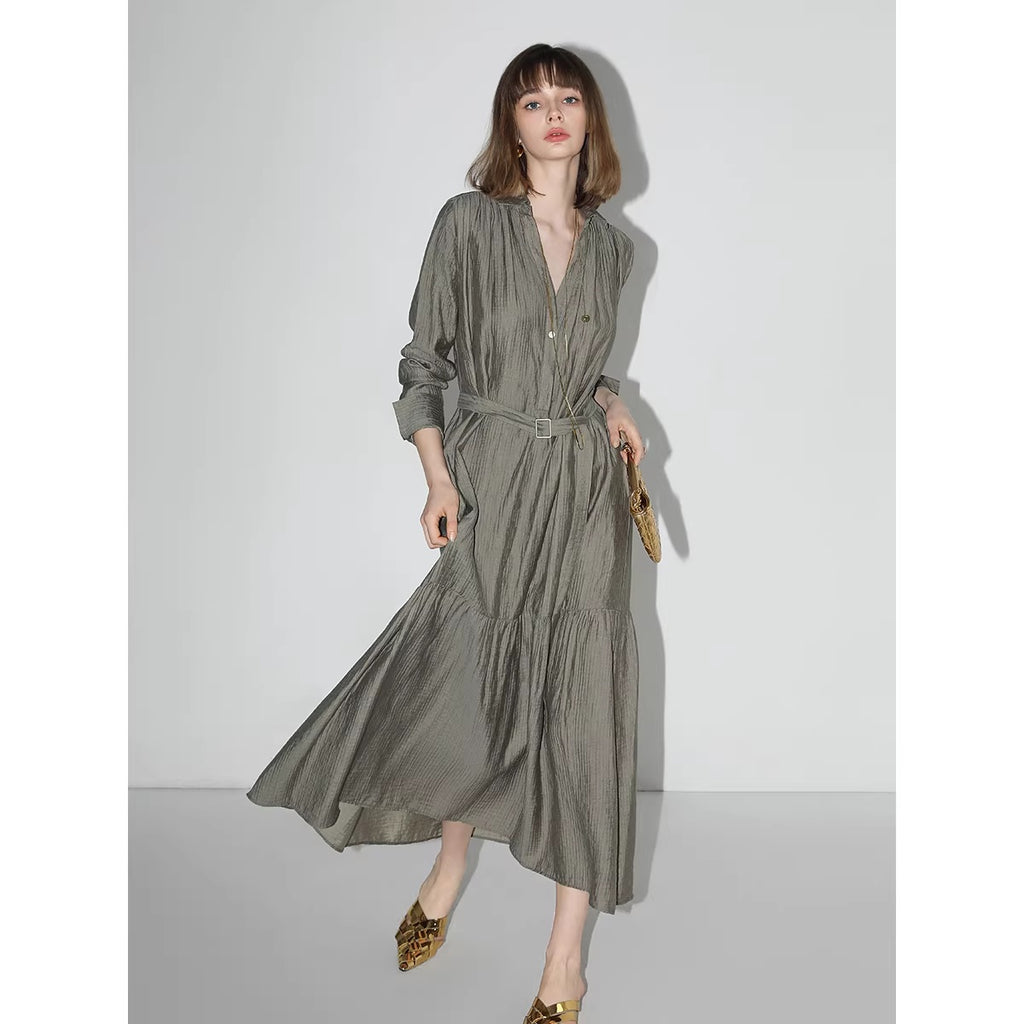 COCOBELLA_French_Pleated_Belted_High_Waist_Tencel_Blend_Aline_Shirt_Dress_Office_Shirts_MISSTT