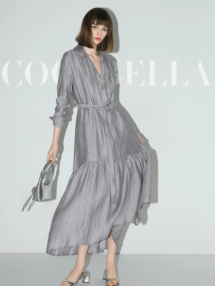 COCOBELLA French Pleated Belted High Waist Tencel Blend Aline Shirt Dress Office Shirts