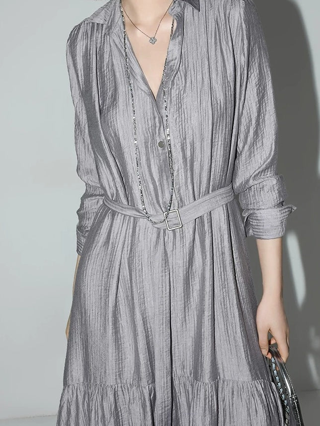 COCOBELLA French Pleated Belted High Waist Tencel Blend Aline Shirt Dress Office Shirts