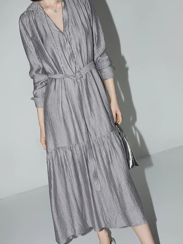 COCOBELLA French Pleated Belted High Waist Tencel Blend Aline Shirt Dress Office Shirts