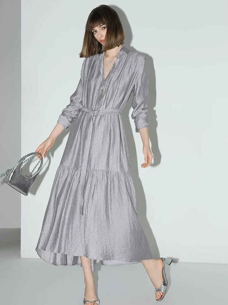 COCOBELLA French Pleated Belted High Waist Tencel Blend Aline Shirt Dress Office Shirts