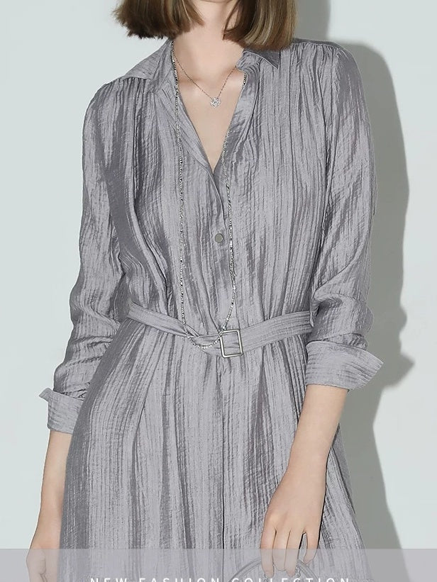 COCOBELLA French Pleated Belted High Waist Tencel Blend Aline Shirt Dress Office Shirts