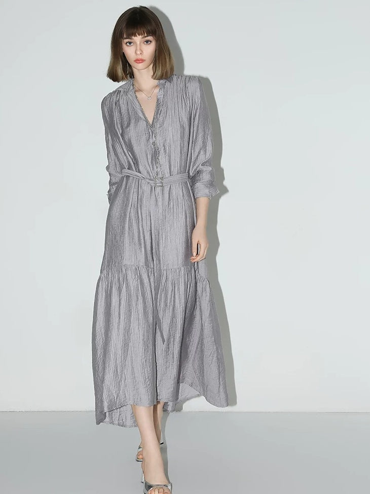 COCOBELLA French Pleated Belted High Waist Tencel Blend Aline Shirt Dress Office Shirts