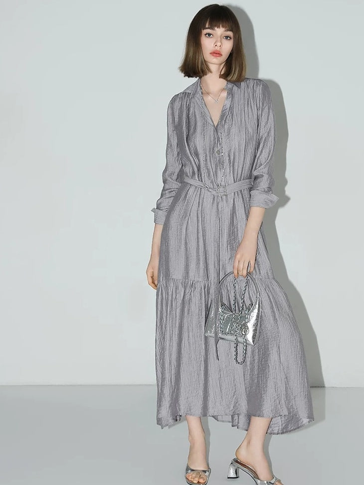 COCOBELLA French Pleated Belted High Waist Tencel Blend Aline Shirt Dress Office Shirts