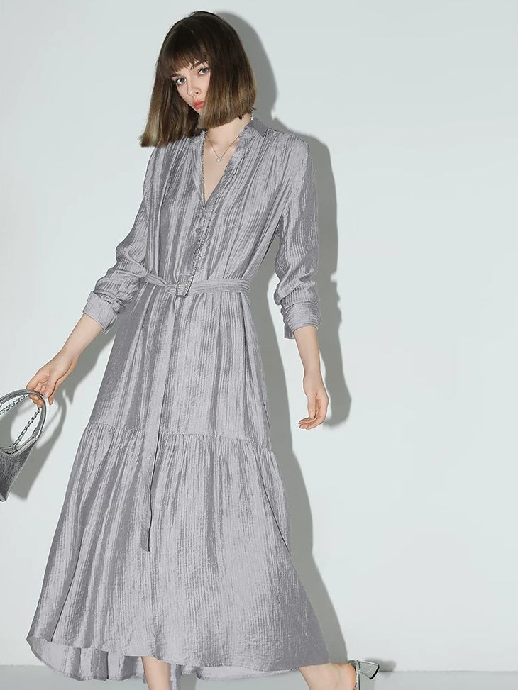 COCOBELLA French Pleated Belted High Waist Tencel Blend Aline Shirt Dress Office Shirts