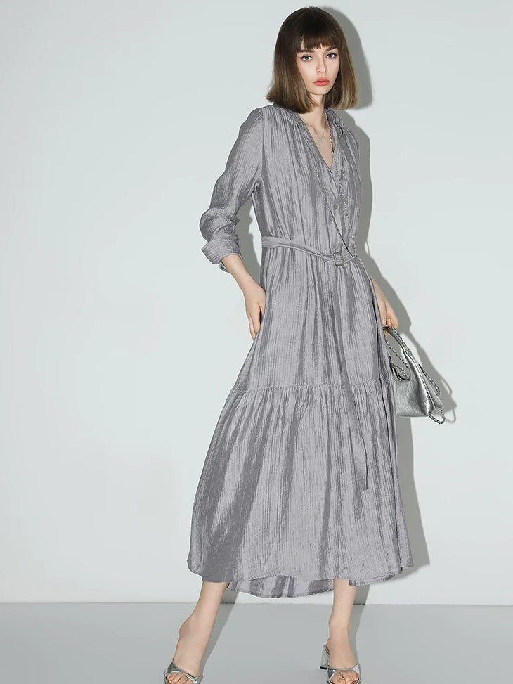 COCOBELLA French Pleated Belted High Waist Tencel Blend Aline Shirt Dress Office Shirts