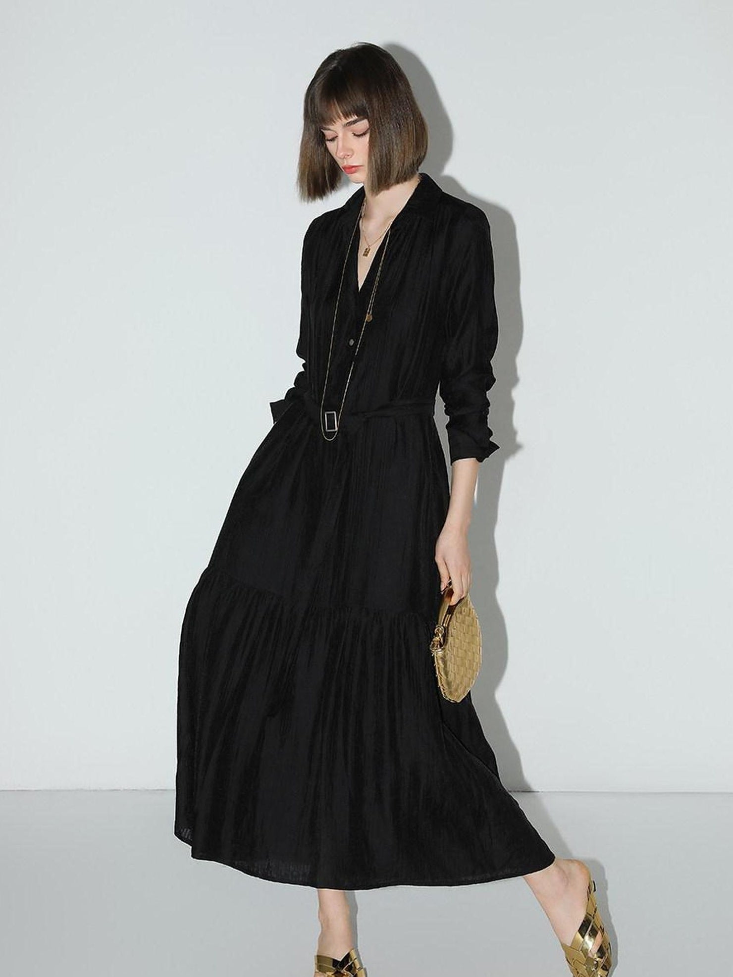 COCOBELLA French Pleated Belted High Waist Tencel Blend Aline Shirt Dress Office Shirts