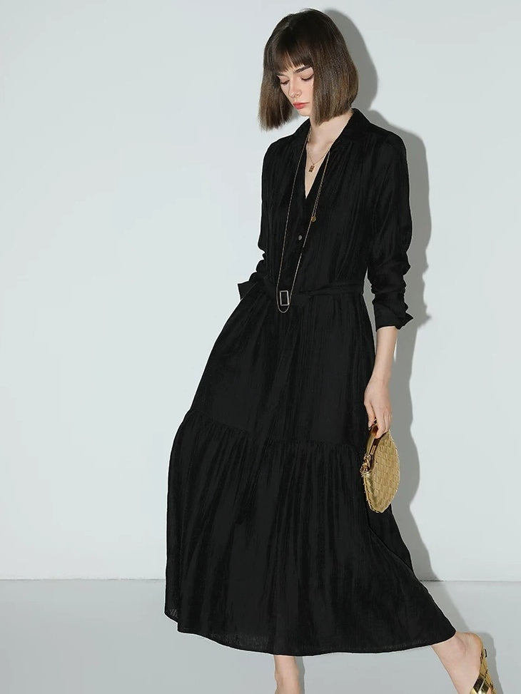 COCOBELLA French Pleated Belted High Waist Tencel Blend Aline Shirt Dress Office Shirts