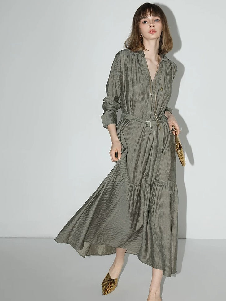 COCOBELLA French Pleated Belted High Waist Tencel Blend Aline Shirt Dress Office Shirts