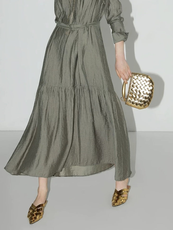 COCOBELLA French Pleated Belted High Waist Tencel Blend Aline Shirt Dress Office Shirts