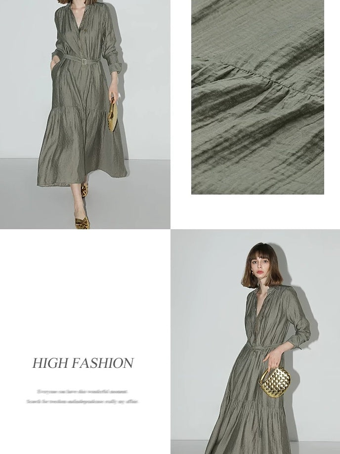 COCOBELLA French Pleated Belted High Waist Tencel Blend Aline Shirt Dress Office Shirts