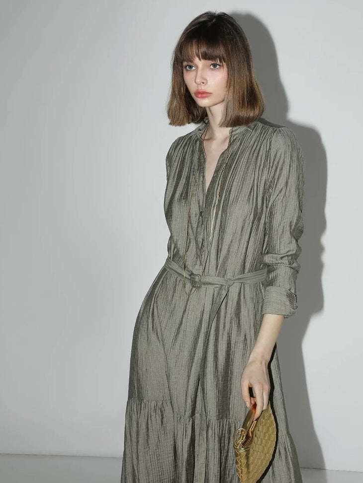 COCOBELLA French Pleated Belted High Waist Tencel Blend Aline Shirt Dress Office Shirts