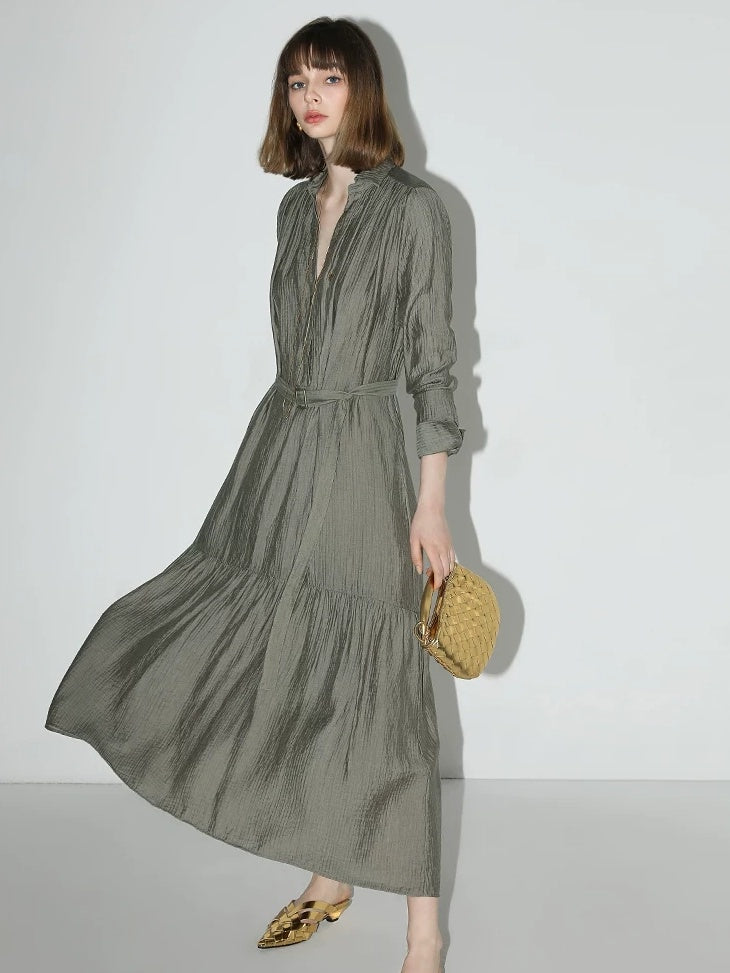 COCOBELLA French Pleated Belted High Waist Tencel Blend Aline Shirt Dress Office Shirts