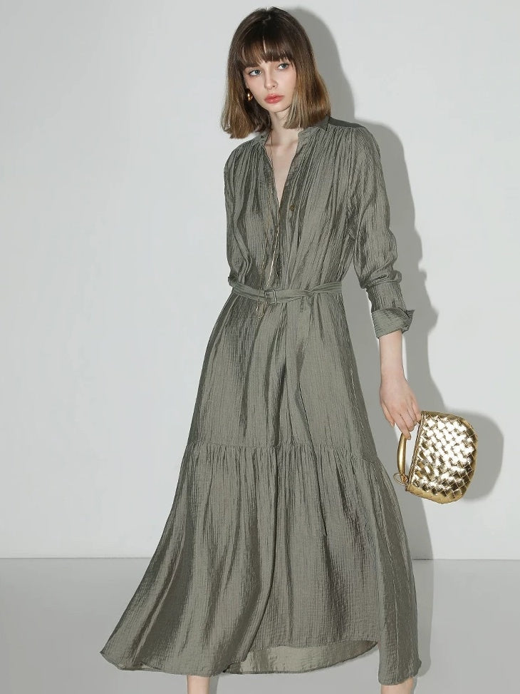 COCOBELLA French Pleated Belted High Waist Tencel Blend Aline Shirt Dress Office Shirts