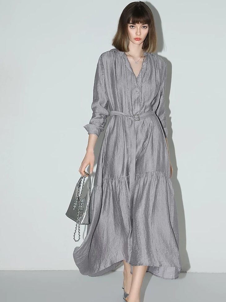 COCOBELLA French Pleated Belted High Waist Tencel Blend Aline Shirt Dress Office Shirts