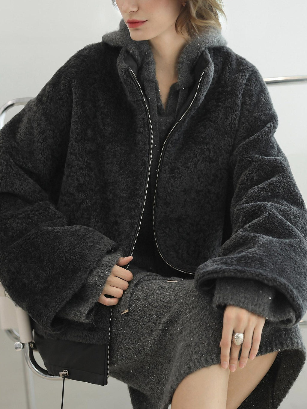 COCOBELLA Full Faux Fur Loose Fit Zipper Long Sleeve Women Office Commuter Polyester Coats