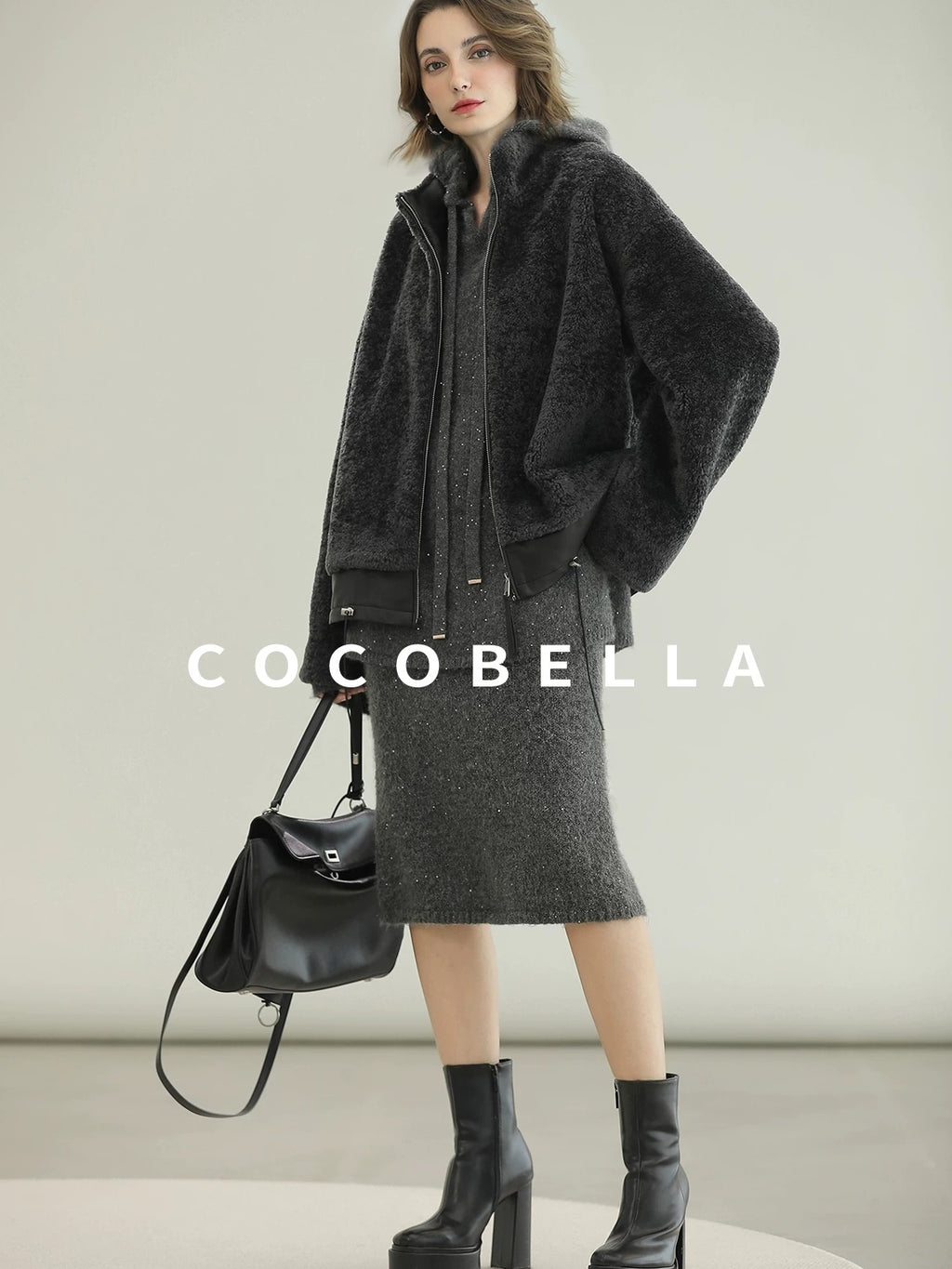 COCOBELLA Full Faux Fur Loose Fit Zipper Long Sleeve Women Office Commuter Polyester Coats