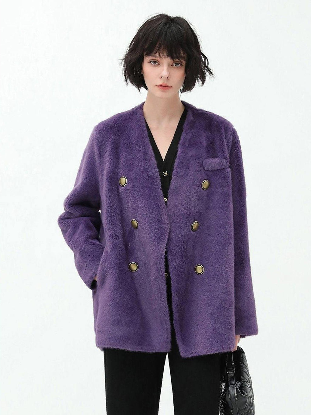 COCOBELLA Full Faux Fur Plush Tailored V Neck Office Women Regular Fit Coats