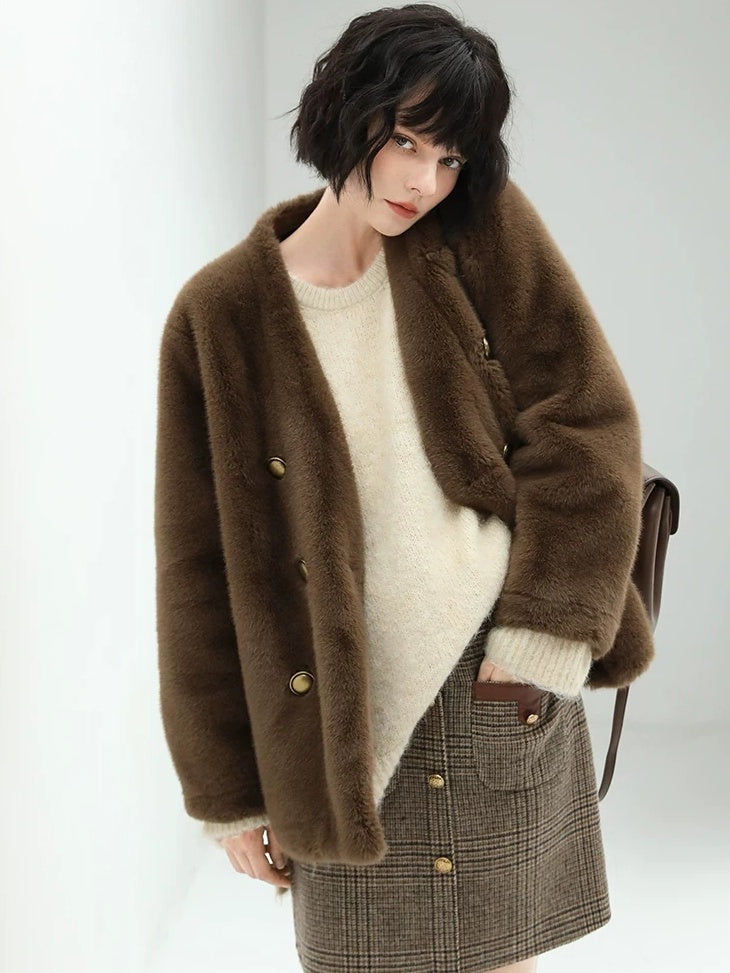 COCOBELLA Full Faux Fur Plush Tailored V Neck Office Women Regular Fit Coats