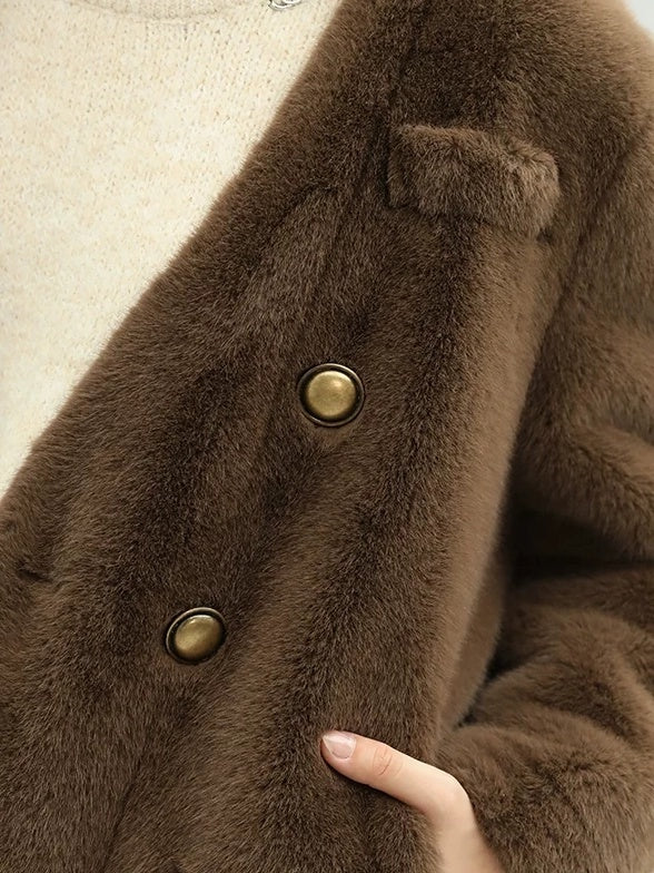 COCOBELLA Full Faux Fur Plush Tailored V Neck Office Women Regular Fit Coats
