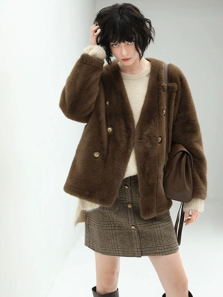 COCOBELLA Full Faux Fur Plush Tailored V Neck Office Women Regular Fit Coats