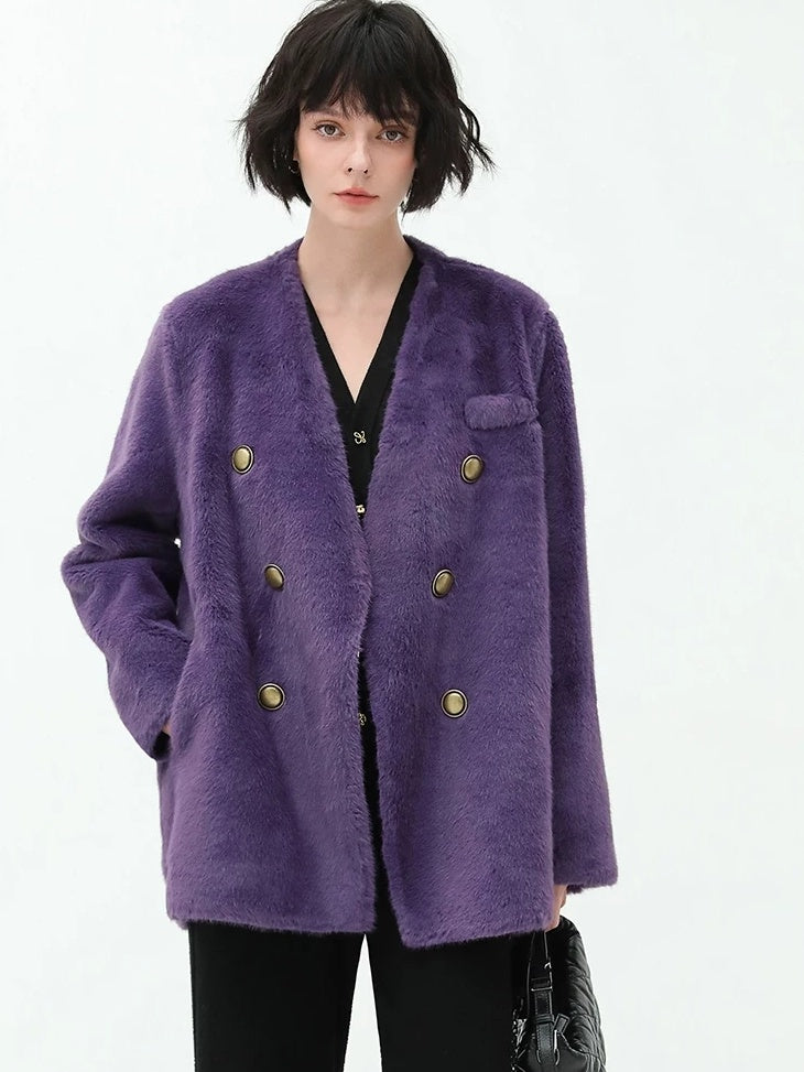 COCOBELLA Full Faux Fur Plush Tailored V Neck Office Women Regular Fit Coats