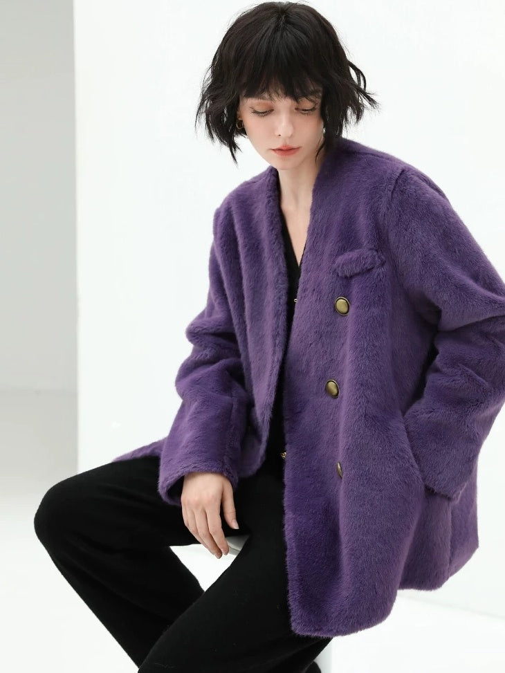 COCOBELLA Full Faux Fur Plush Tailored V Neck Office Women Regular Fit Coats