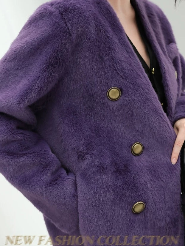 COCOBELLA Full Faux Fur Plush Tailored V Neck Office Women Regular Fit Coats