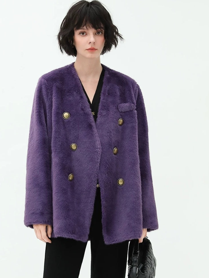 COCOBELLA Full Faux Fur Plush Tailored V Neck Office Women Regular Fit Coats