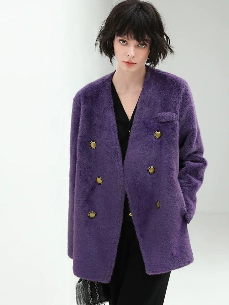 COCOBELLA Full Faux Fur Plush Tailored V Neck Office Women Regular Fit Coats