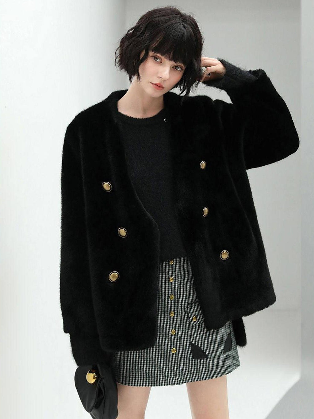 COCOBELLA Full Faux Fur Plush Tailored V Neck Office Women Regular Fit Coats