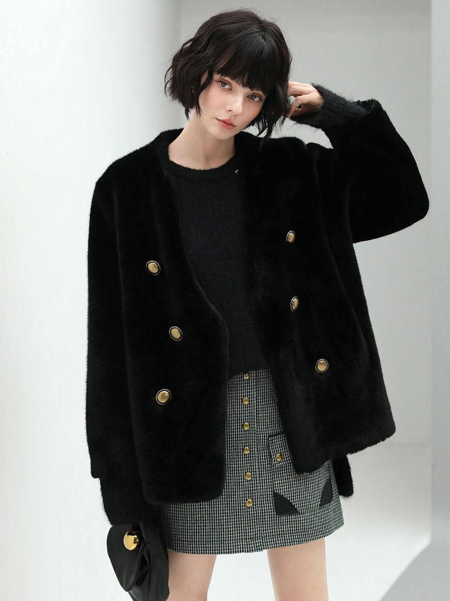 COCOBELLA Full Faux Fur Plush Tailored V Neck Office Women Regular Fit Coats