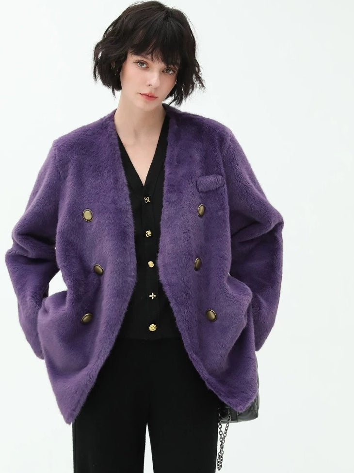 COCOBELLA Full Faux Fur Plush Tailored V Neck Office Women Regular Fit Coats