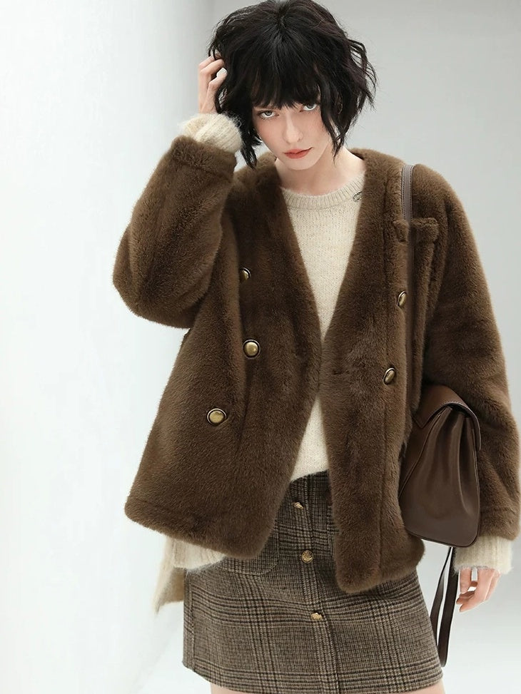 COCOBELLA Full Faux Fur Plush Tailored V Neck Office Women Regular Fit Coats