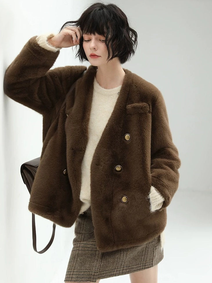 COCOBELLA Full Faux Fur Plush Tailored V Neck Office Women Regular Fit Coats